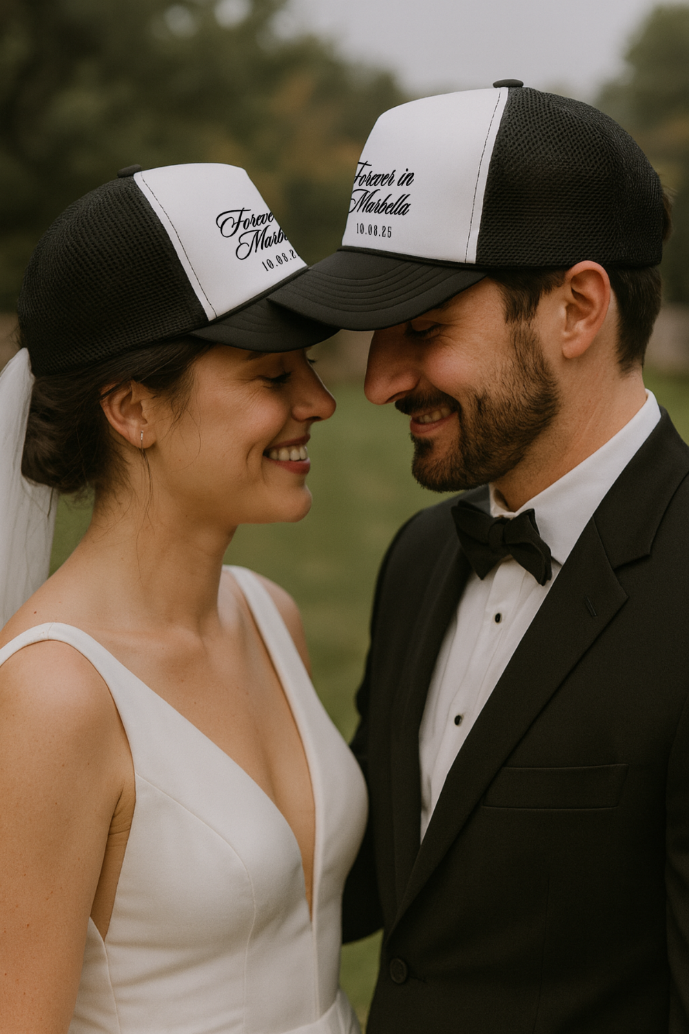 Gorra trucker con texto y fecha personalizados para boda