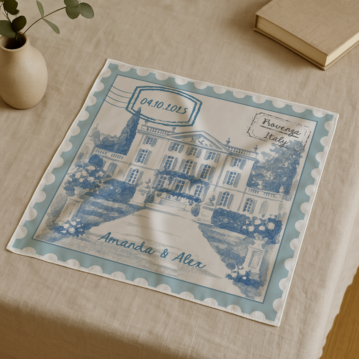 Pañuelos personalizados estilo sello postal para bodas