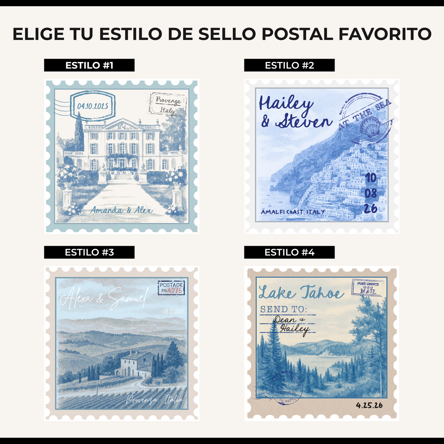 Pañuelos personalizados estilo sello postal para bodas