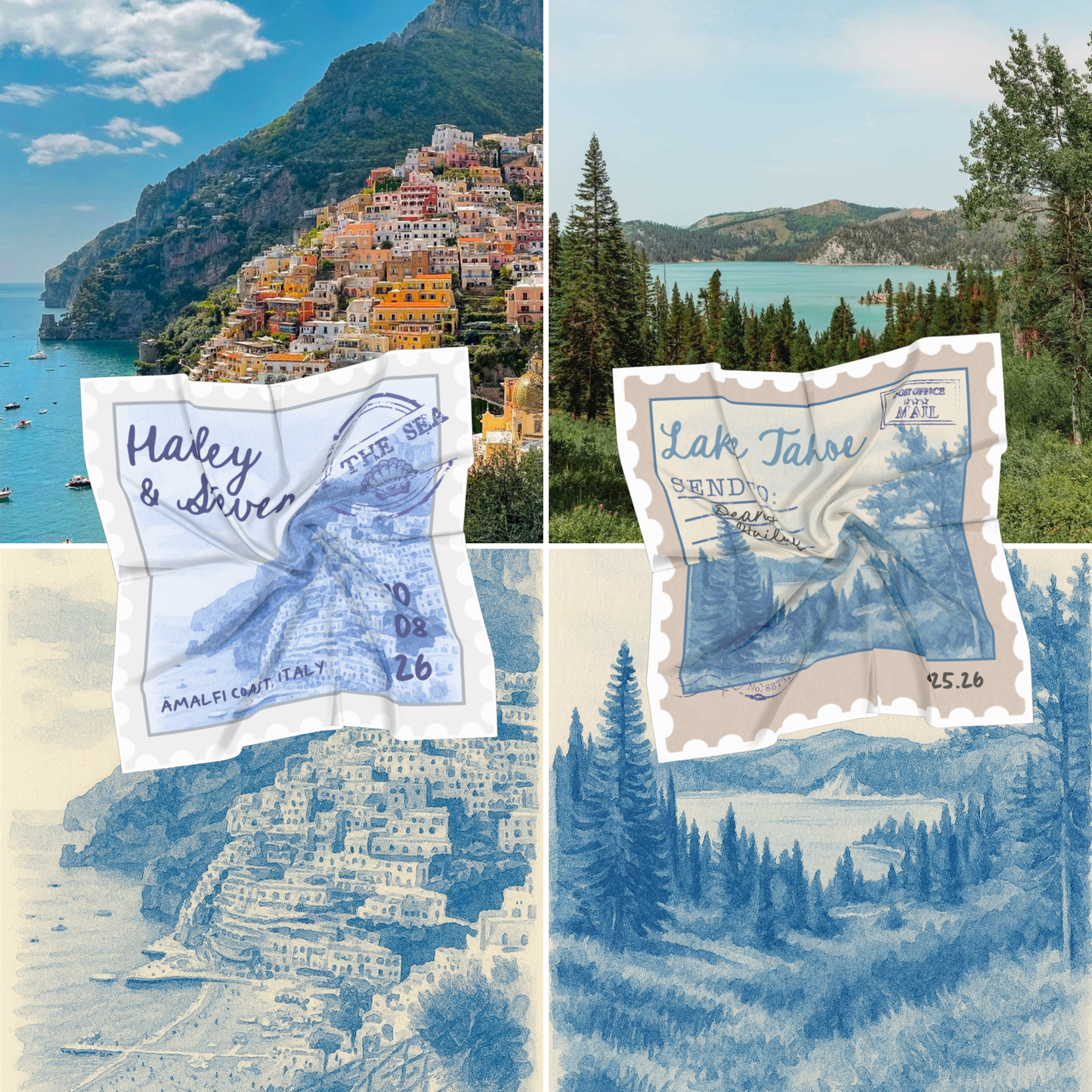 Pañuelos personalizados estilo sello postal para bodas