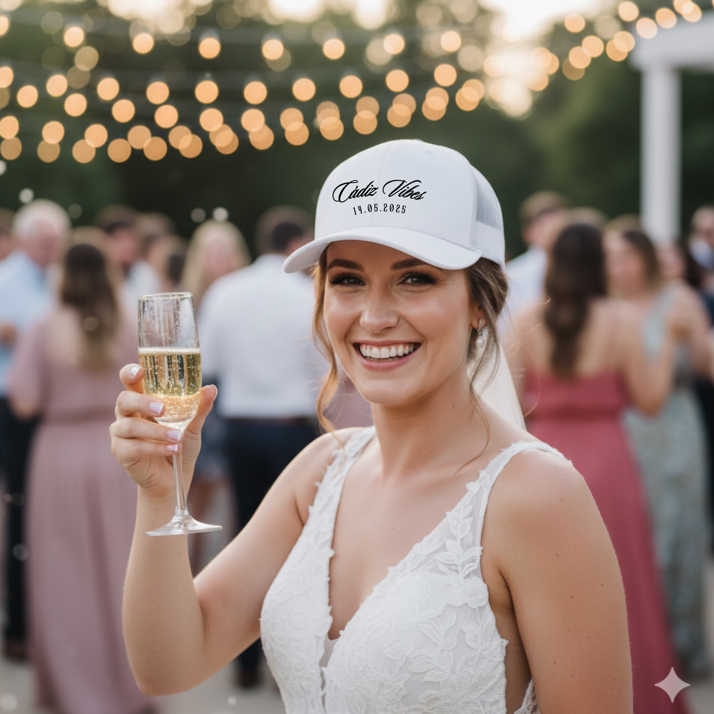 Gorra trucker con texto y fecha personalizados para boda