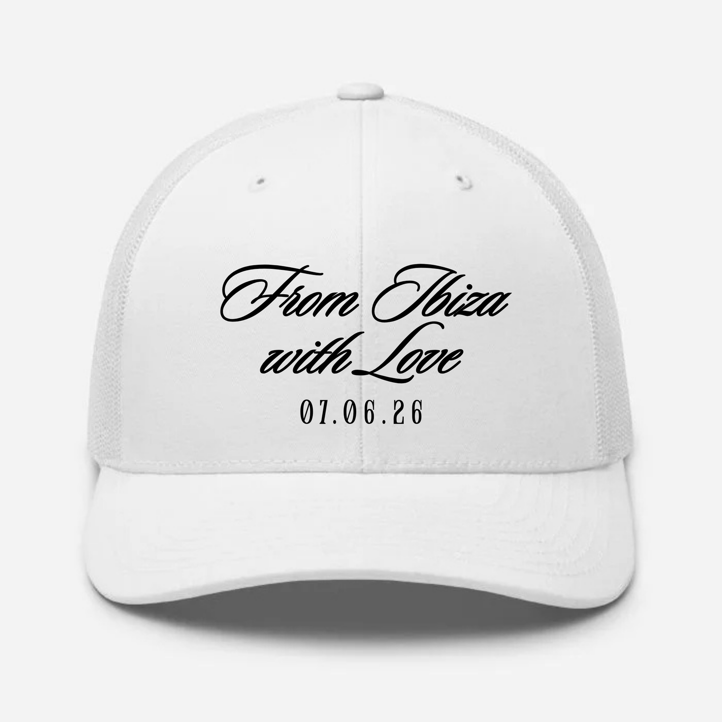 Gorra trucker con texto y fecha personalizados para boda