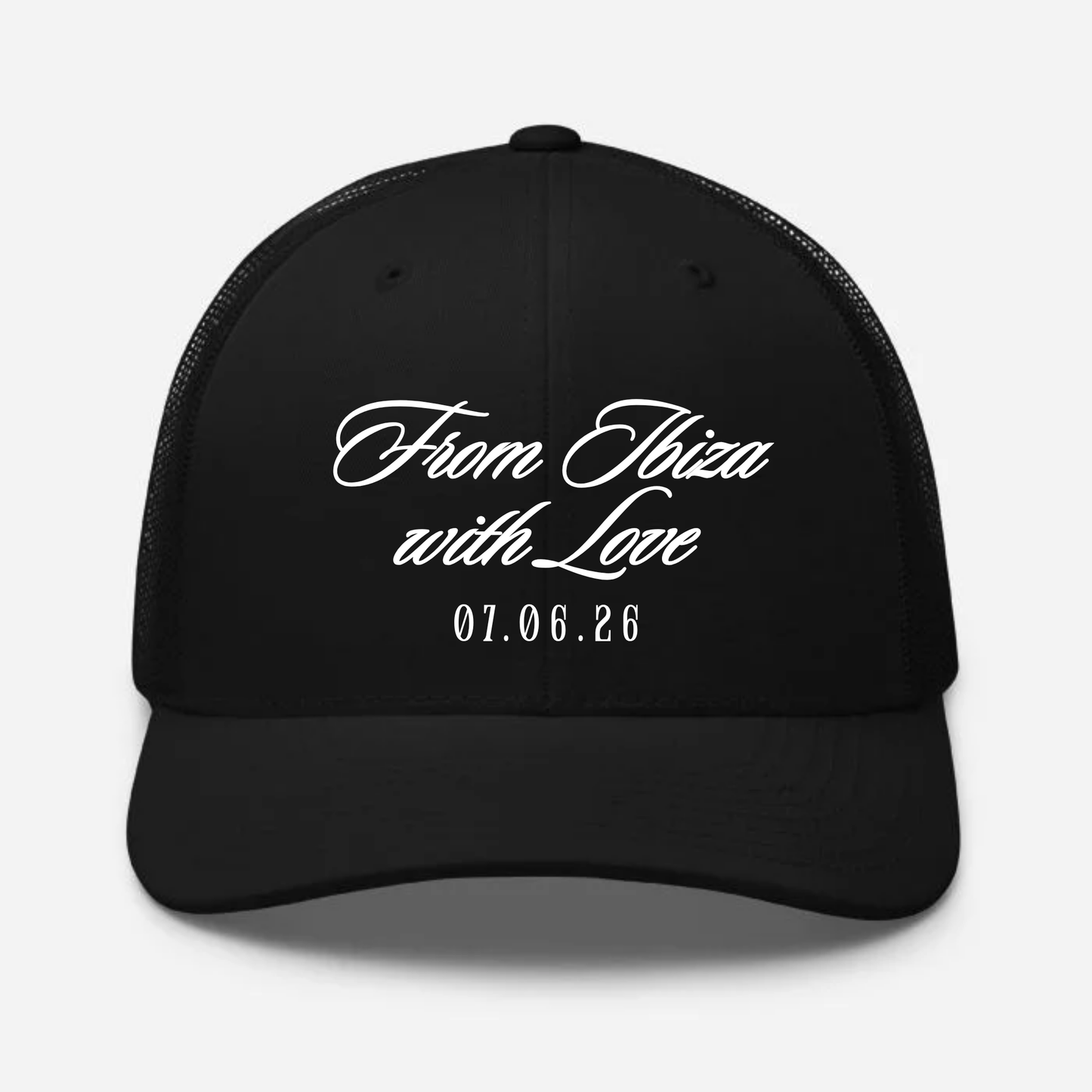 Gorra trucker con texto y fecha personalizados para boda