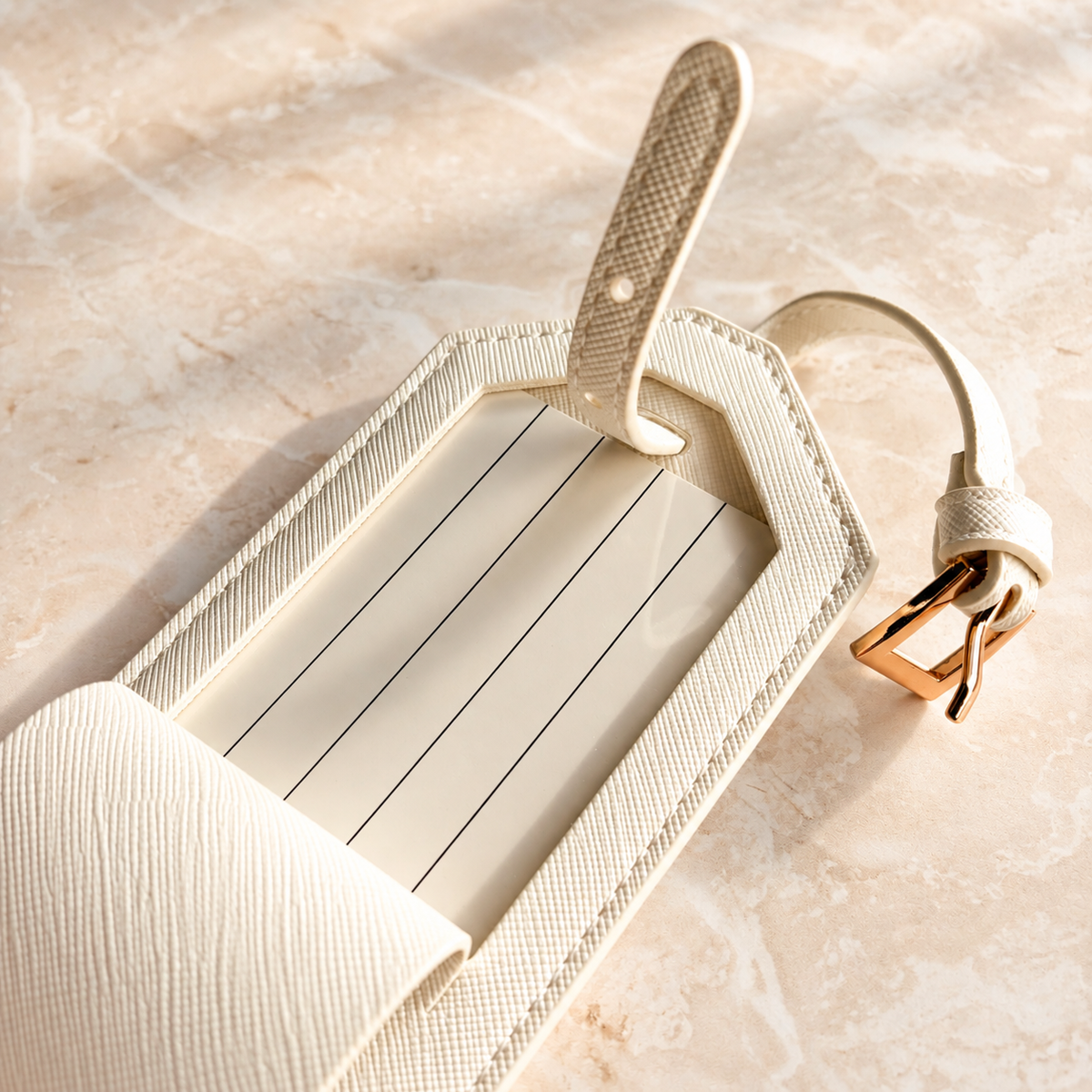 Set de viaje cuero blanco personalizado, vista de estilo con funda y etiqueta a juego