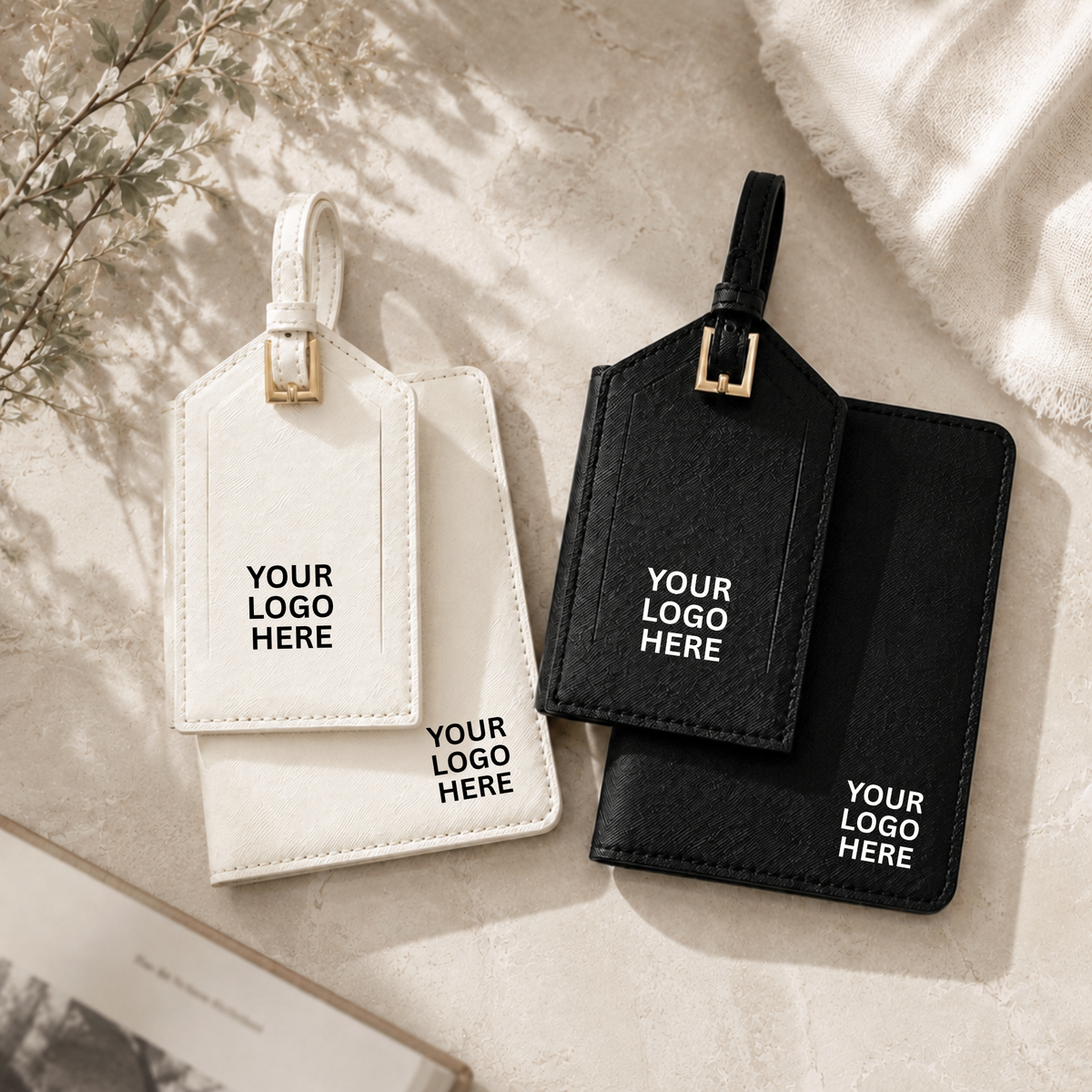 Etiquetas de maleta y fundas de pasaporte en blanco y negro con espacio para el logo de tu empresa