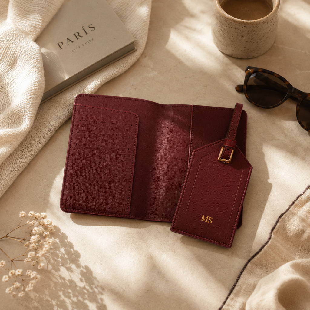 Set de viaje cuero vinotinto personalizado