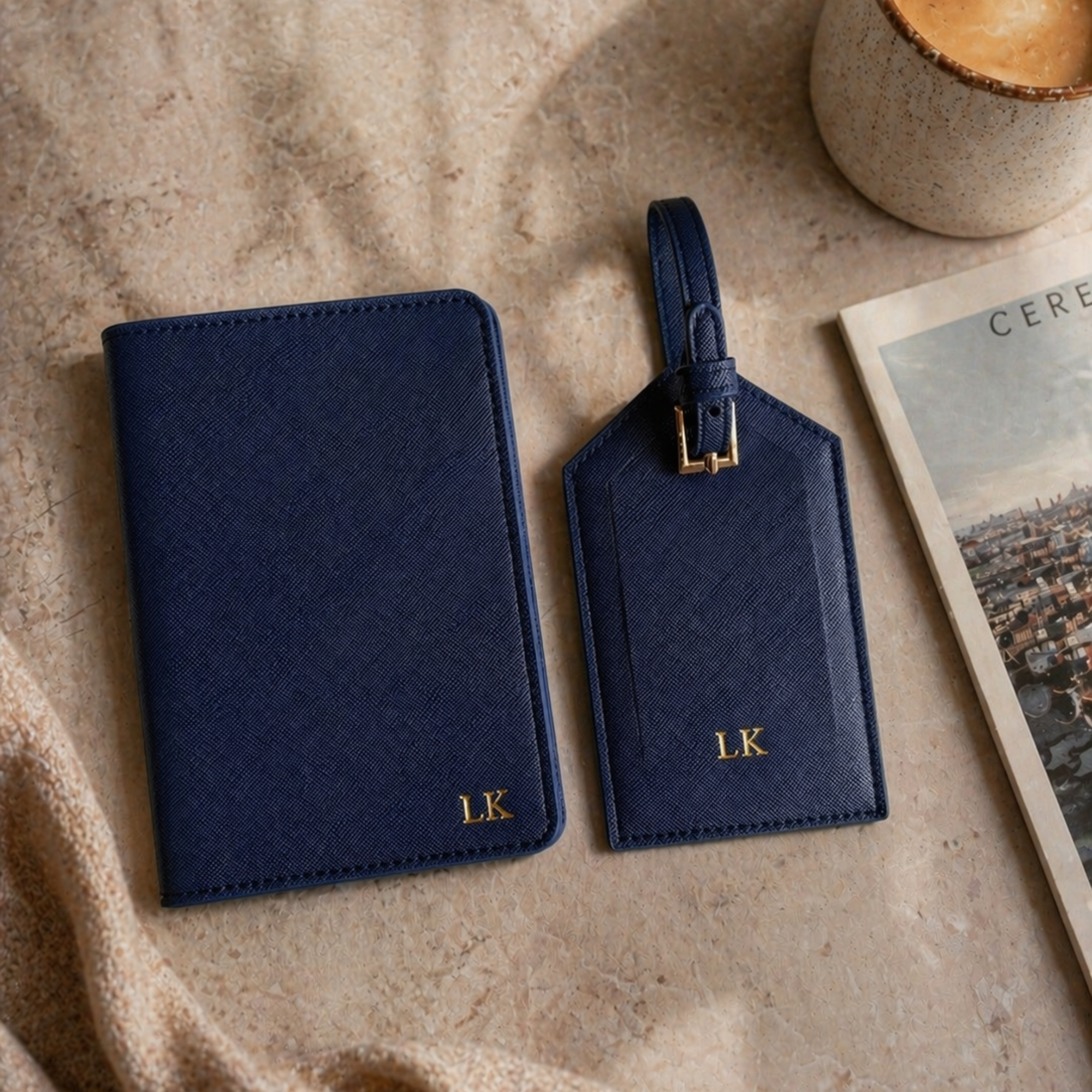 Set de viaje cuero azul marino personalizado