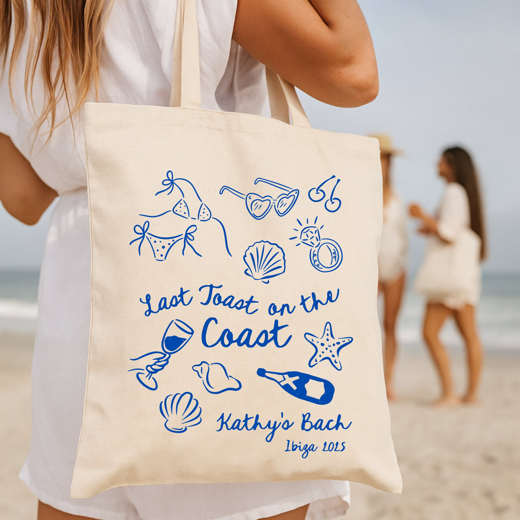 Bolsos de playa personalizados para despedida de soltera en exterior - diseño costero con nombres