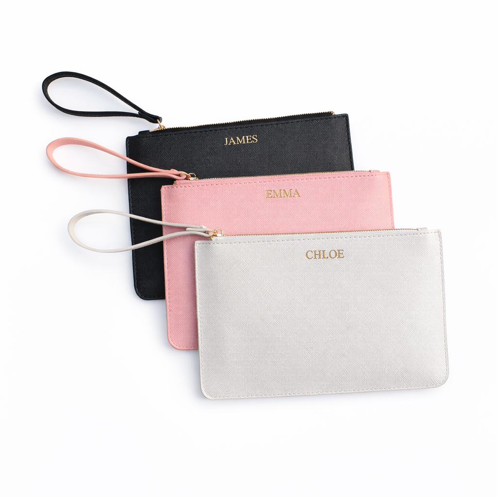 Carteras de cuero personalizadas con nombre en negro, rosa y blanco - regalo damas de honor