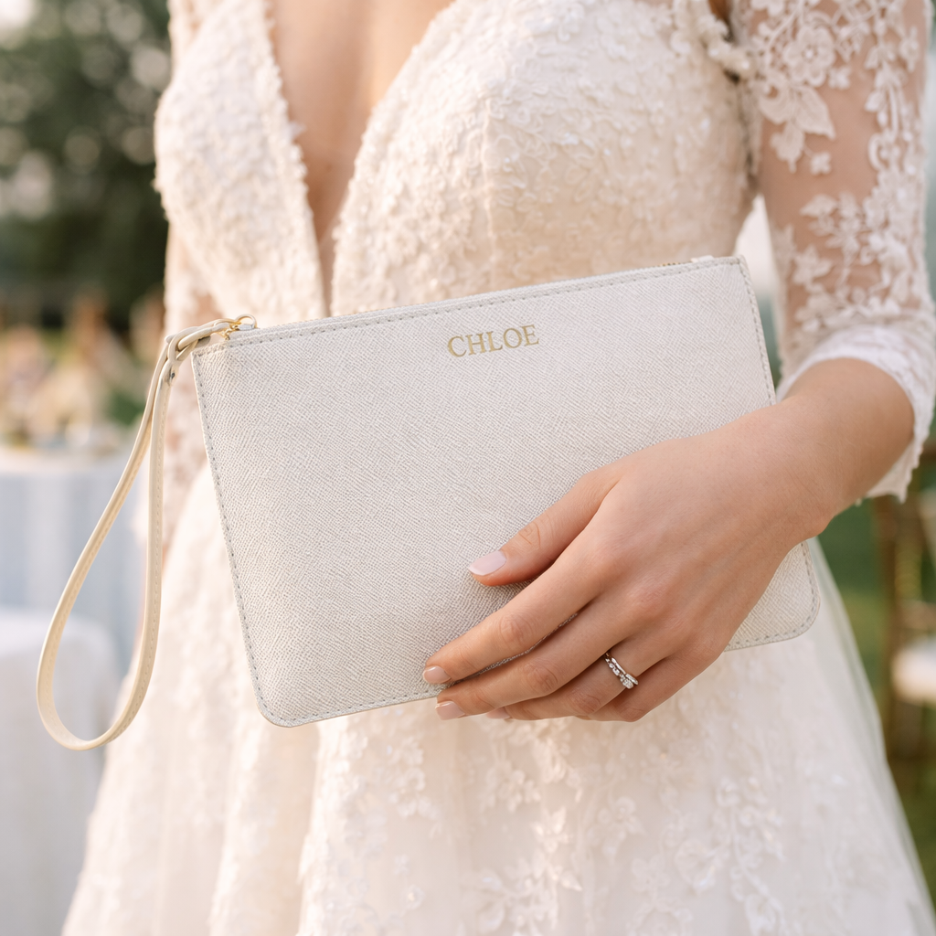 Novia con cartera de cuero personalizada con nombre - regalo original damas de honor boda
