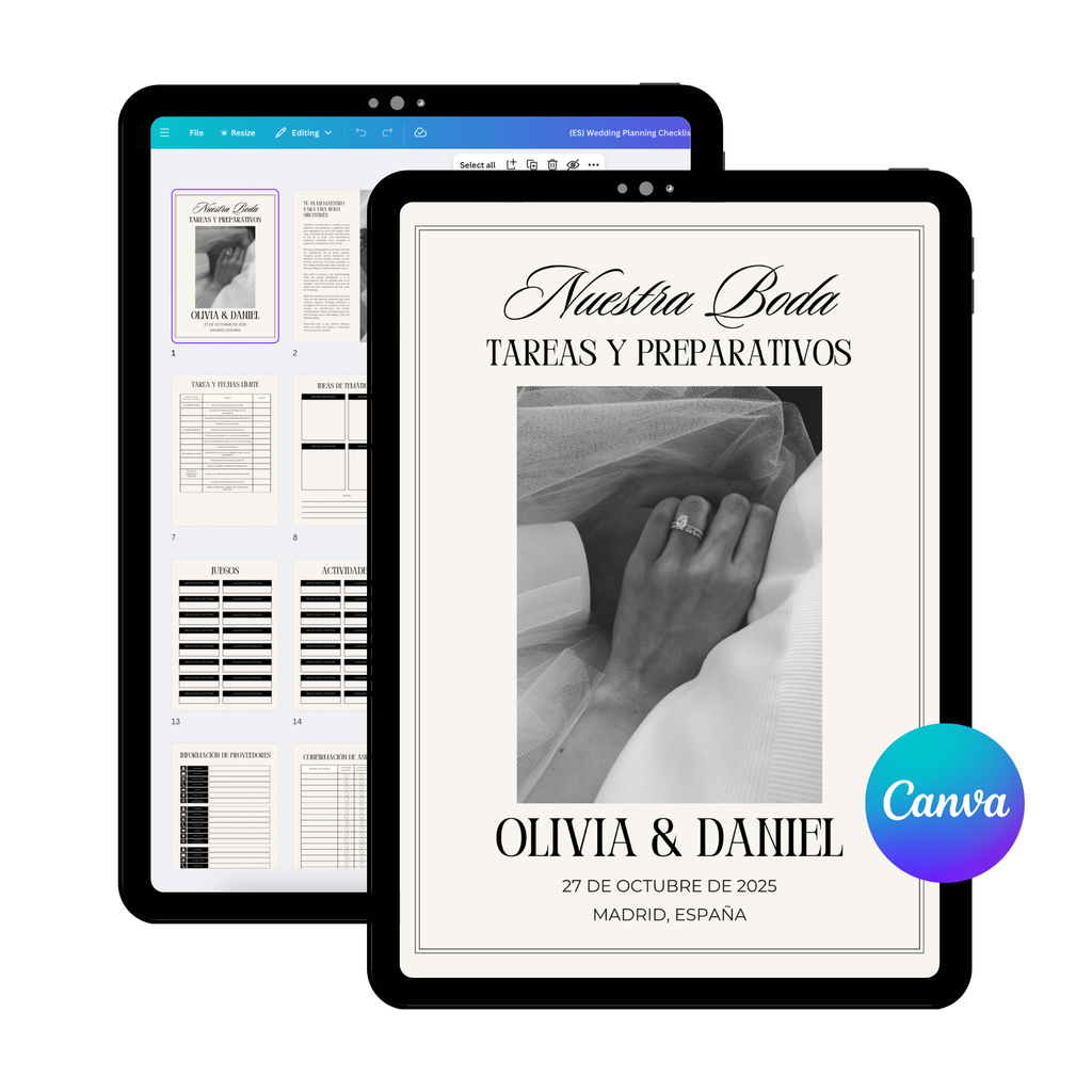 Checklist de tareas y preparativos de boda personalizable en Canva - portada y contenido editable