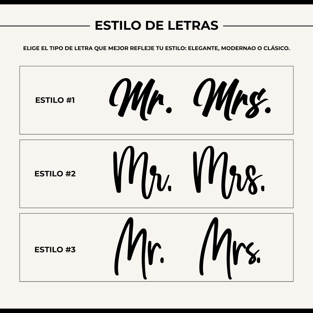 Estilos de letra disponibles para personalizar set de viaje Mr y Mrs - elegante, moderno y clásico