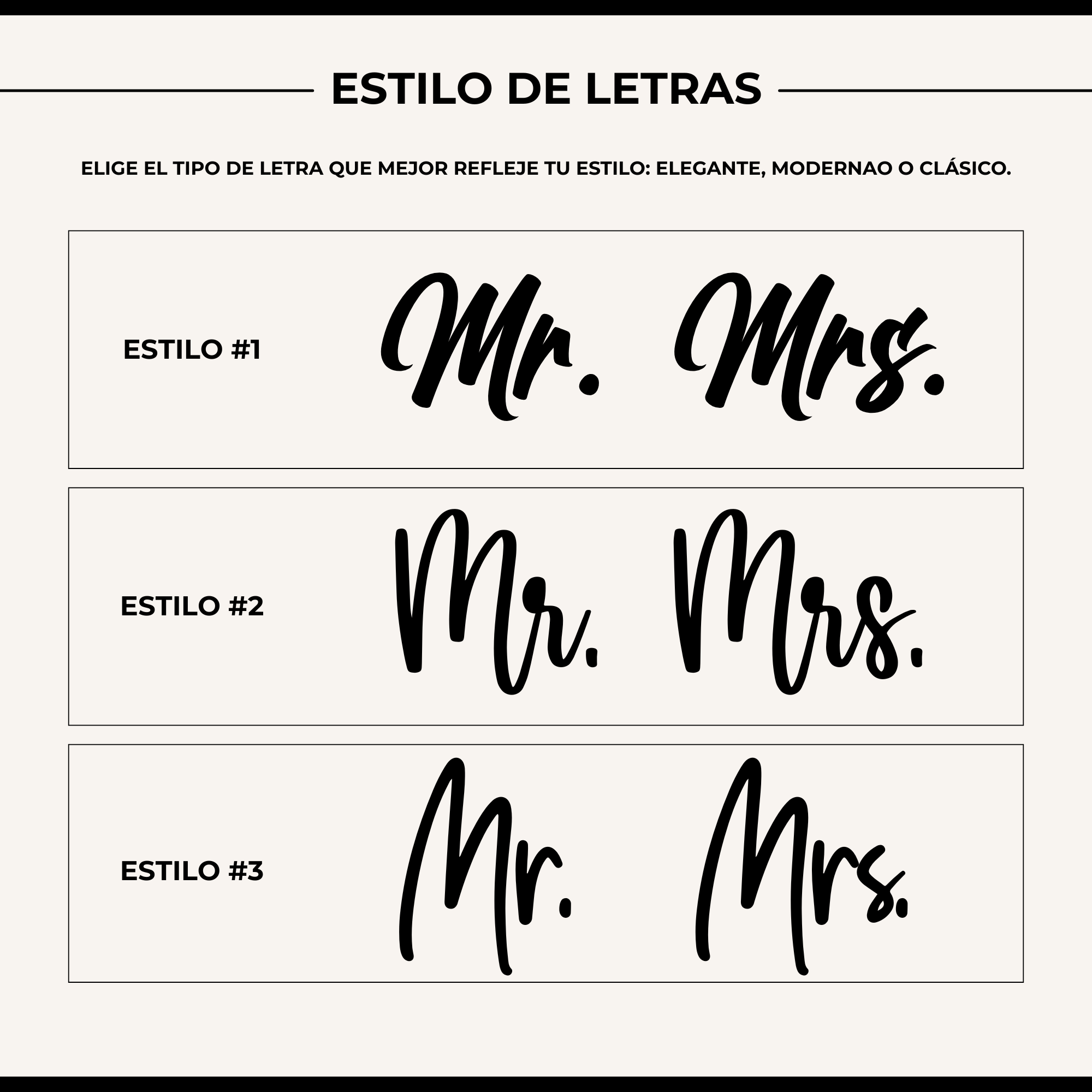 Estilos de letra disponibles para personalizar set de viaje Mr y Mrs - elegante, moderno y clásico