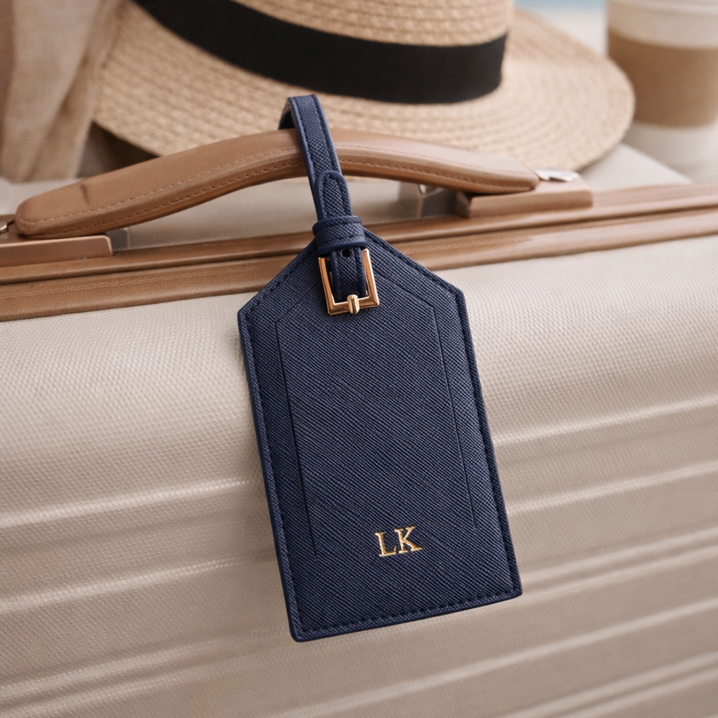 Etiqueta de equipaje cuero azul marino personalizada sobre maleta - set de viaje personalizado