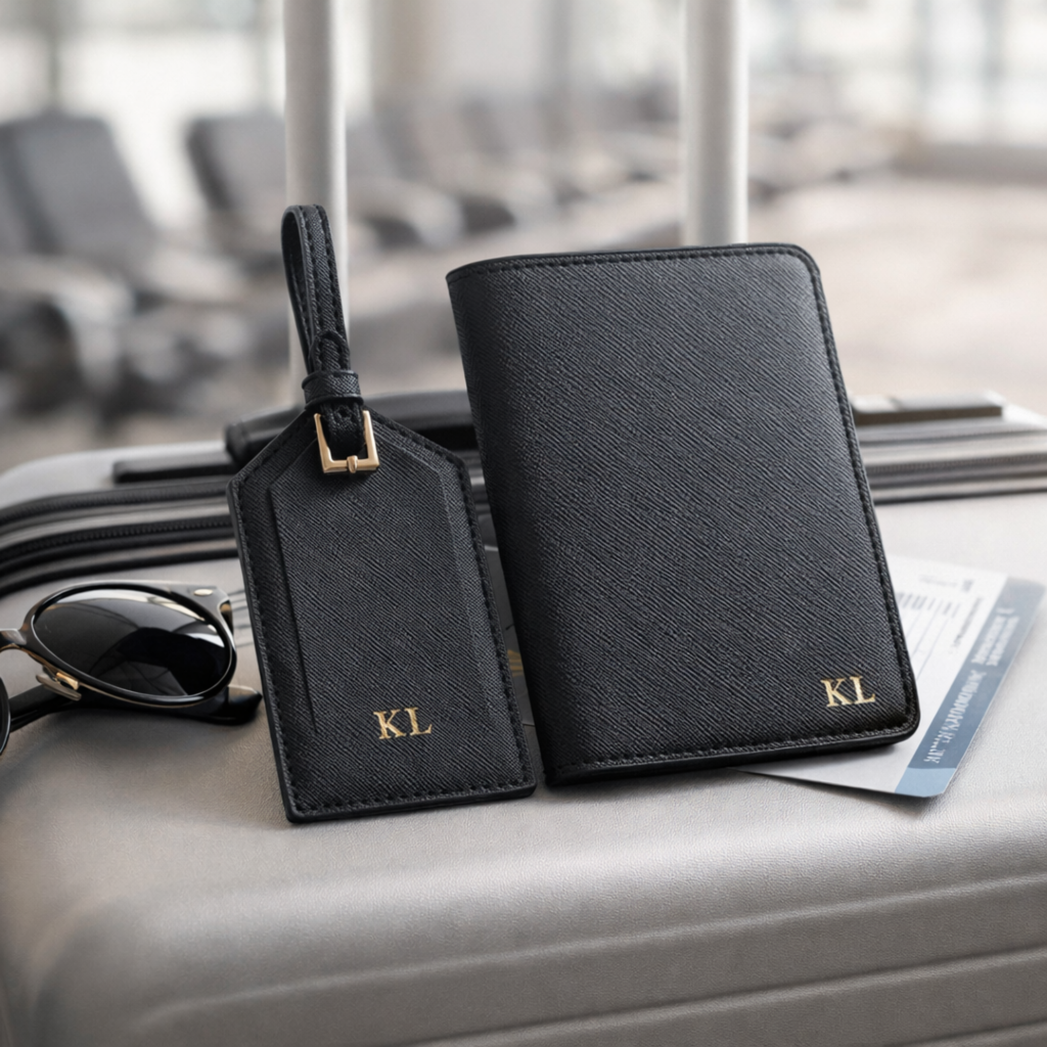 Set de viaje cuero negro personalizado con iniciales - porta pasaporte y etiqueta de equipaje