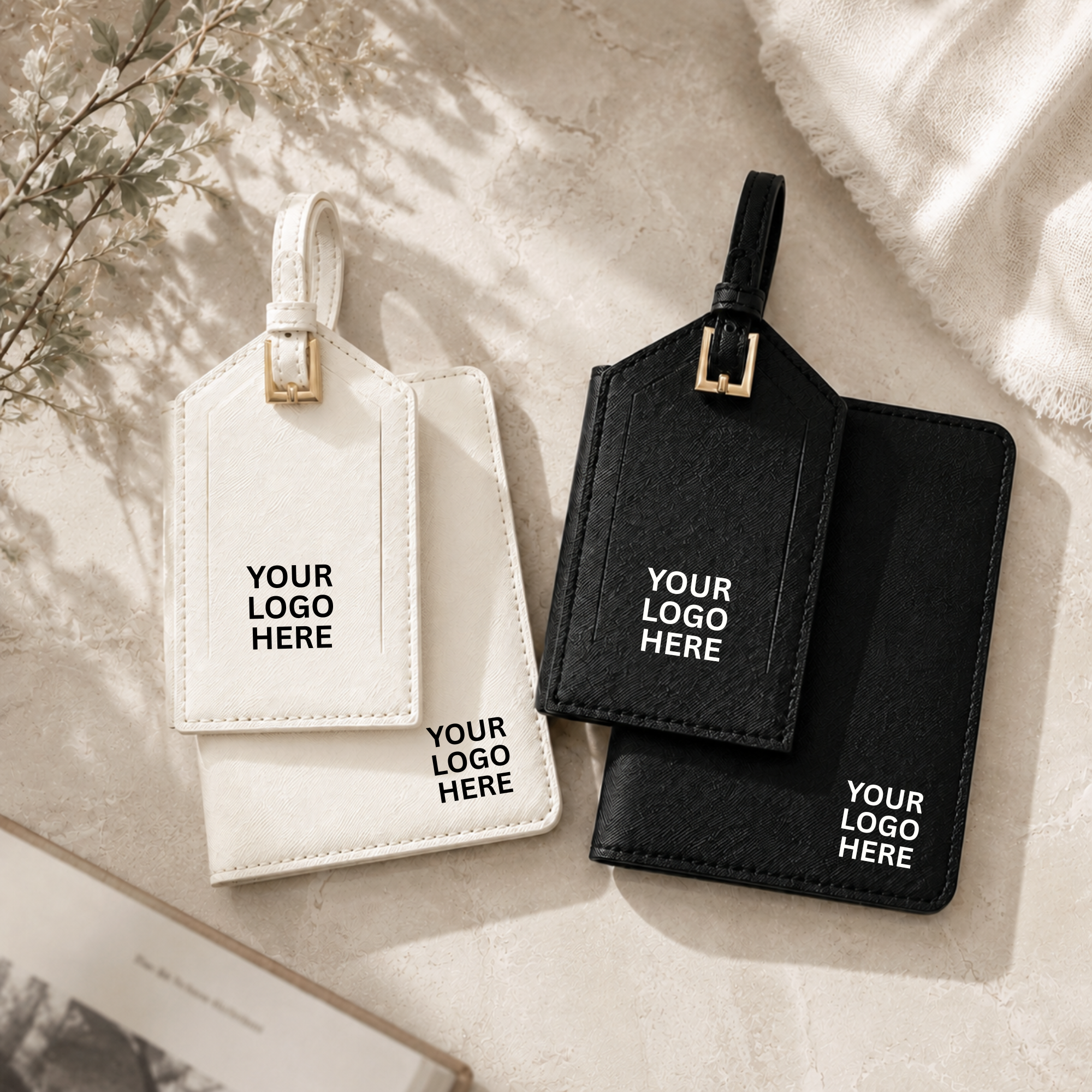 Etiquetas de maleta corporativas con logo personalizado — vista múltiple cuero negro
