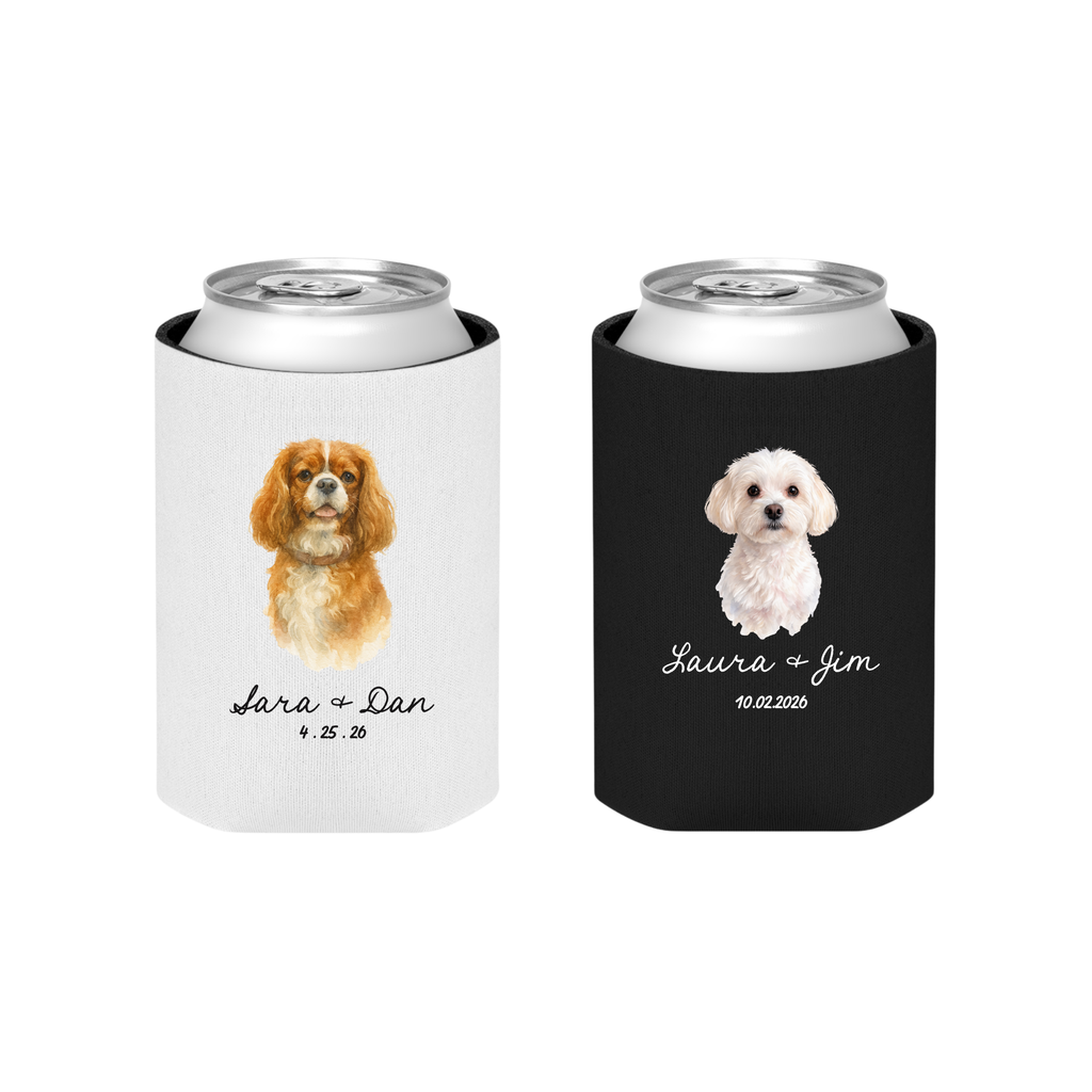 Fundas para latas con mascota ilustrada personalizadas en blanco y negro - detalle boda