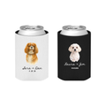 Fundas para latas con mascota ilustrada personalizadas en blanco y negro - detalle boda