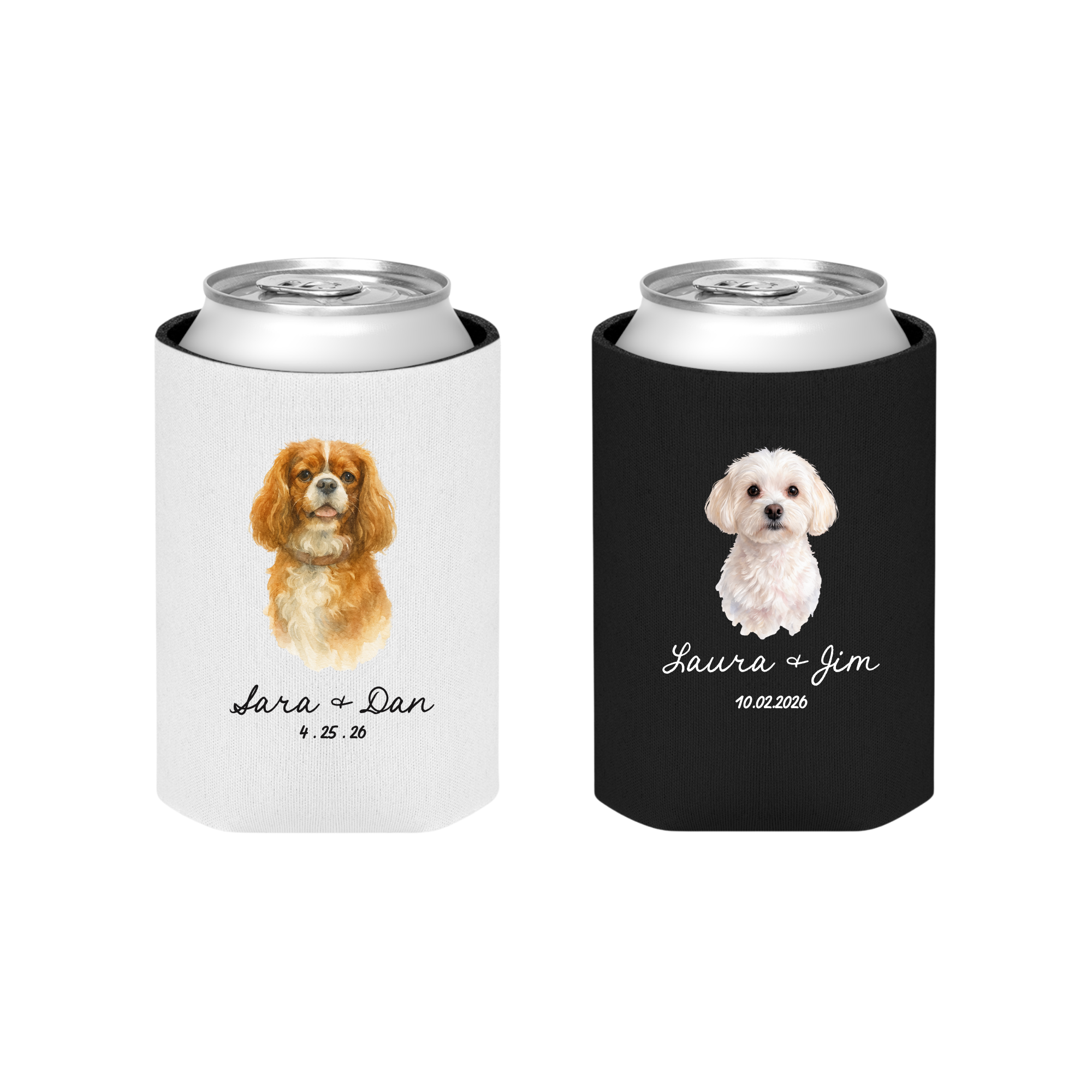 Fundas para latas con mascota ilustrada personalizadas en blanco y negro - detalle boda