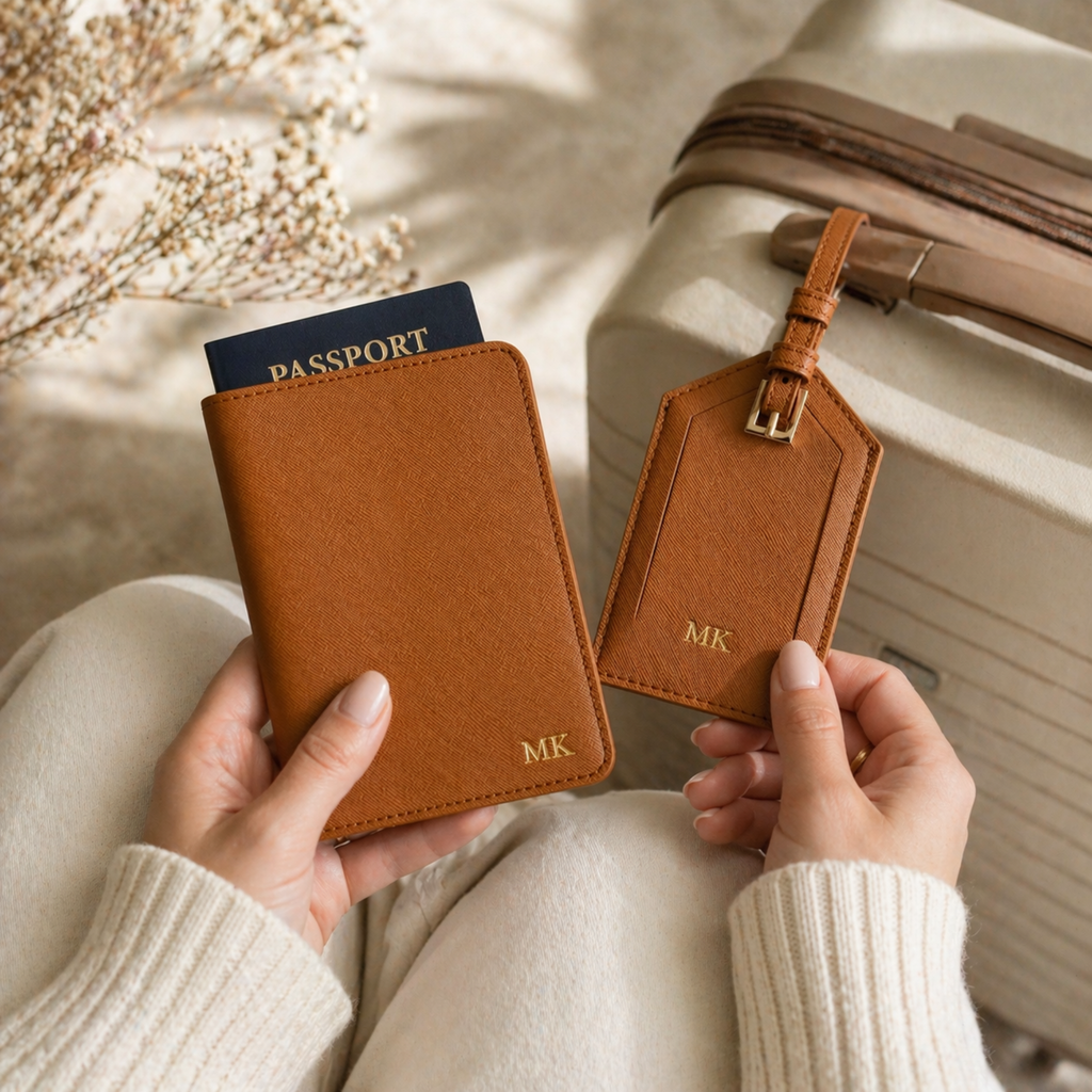 Manos sosteniendo funda de pasaporte en cuero caramelo personalizada con iniciales