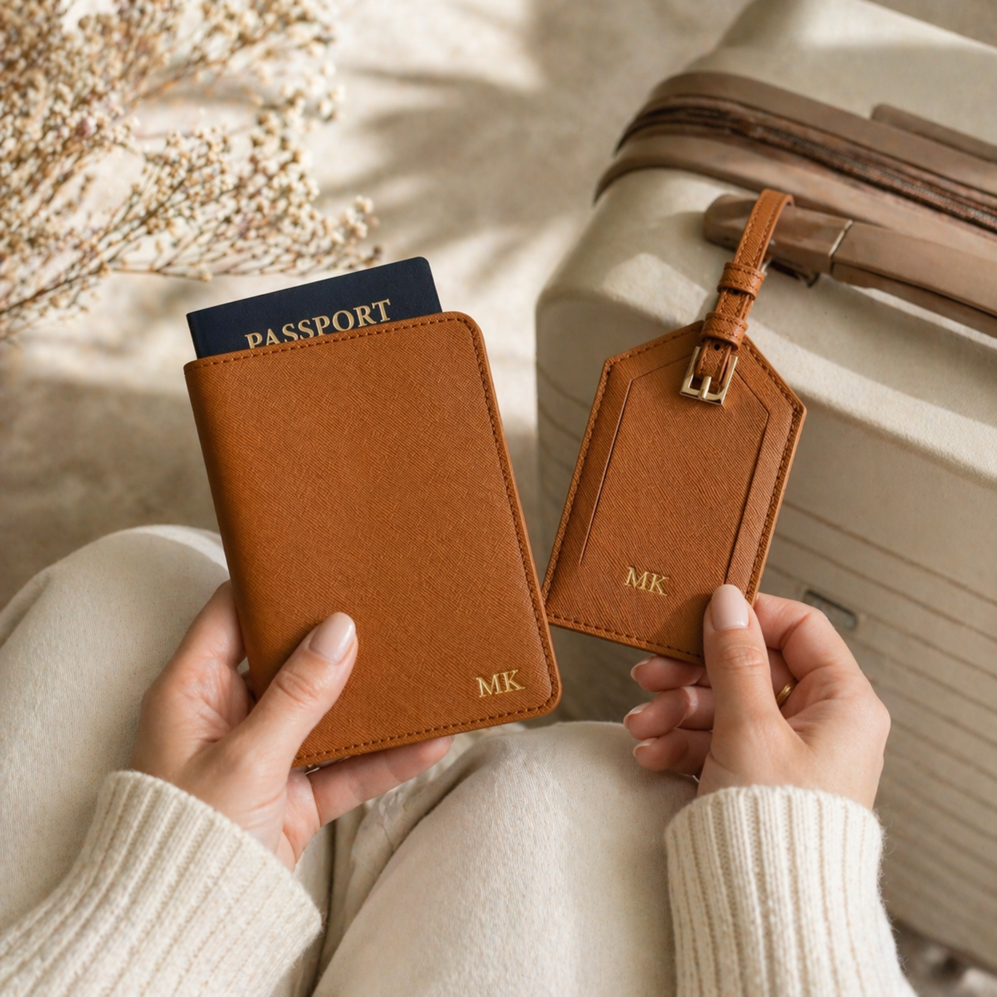 Manos sosteniendo funda de pasaporte en cuero caramelo personalizada con iniciales
