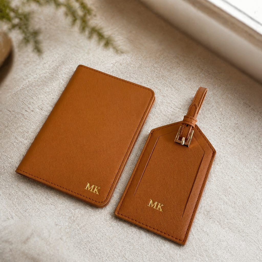 Set funda pasaporte y etiqueta maleta en cuero caramelo personalizado — flatlay regalo boda