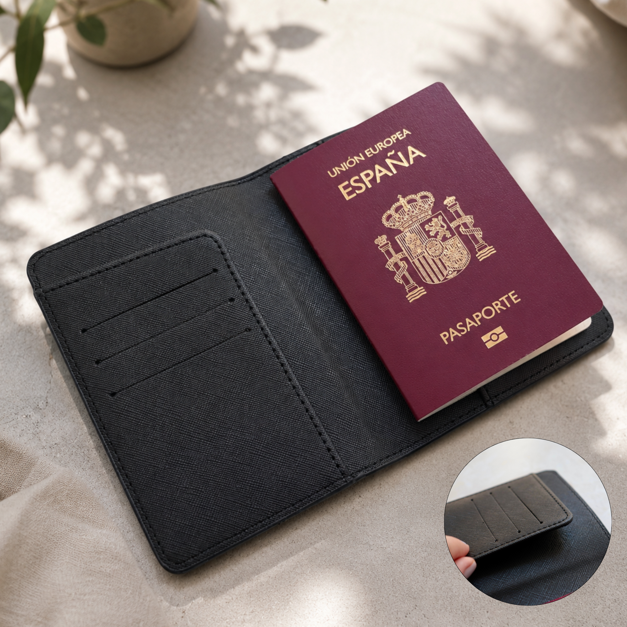 Funda de pasaporte personalizada con logo en cuero negro — tamaño real con pasaporte