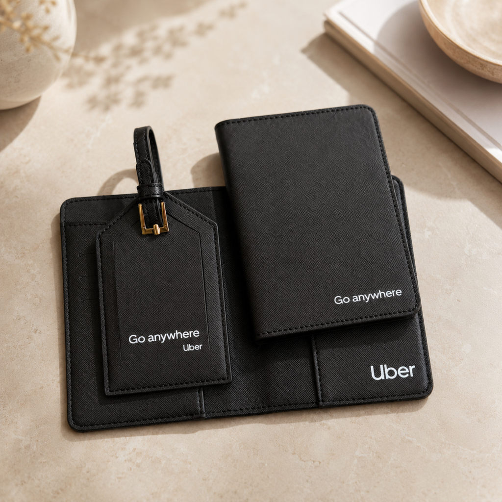 Fundas de pasaporte corporativas con logo personalizado en cuero negro — ejemplo real de cliente