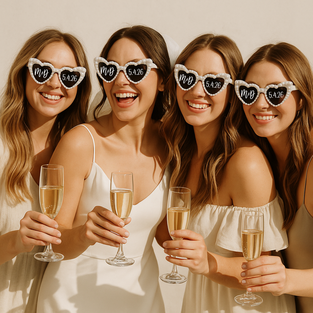 Damas de honor con gafas de sol personalizadas para boda celebrando con champán