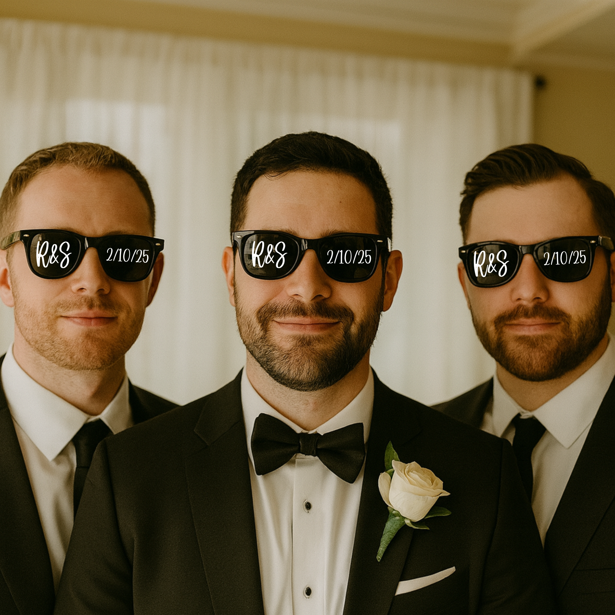 Grupo de invitados con gafas de sol personalizadas para boda - detalle original padrinos