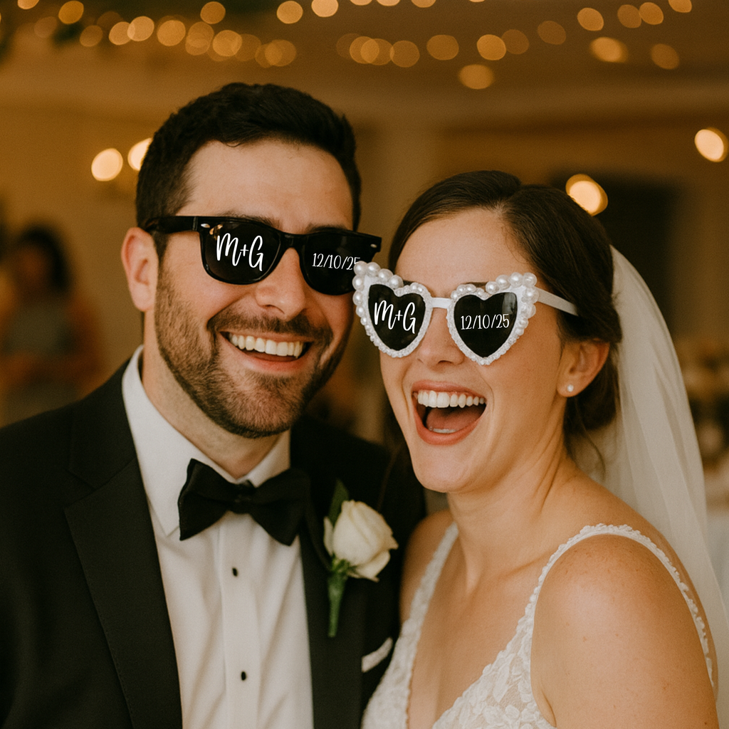 Novios con gafas de sol personalizadas para boda con nombres y fecha