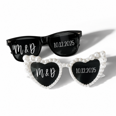 Gafas de sol personalizadas para boda en negro - modelo rectangular y corazón con perlas