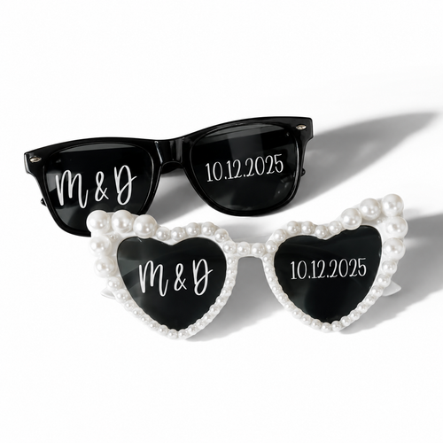 Gafas de sol personalizadas para boda en negro - modelo rectangular y corazón con perlas