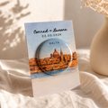 Imán de boda personalizado con acuarela de Malta, nombre de los novios y fecha — detalle para invitados boda destino