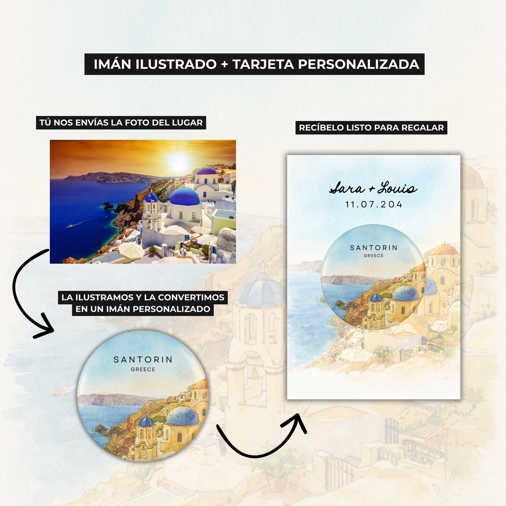 Proceso de personalización de imán con ilustración del lugar de boda - de foto a ilustración