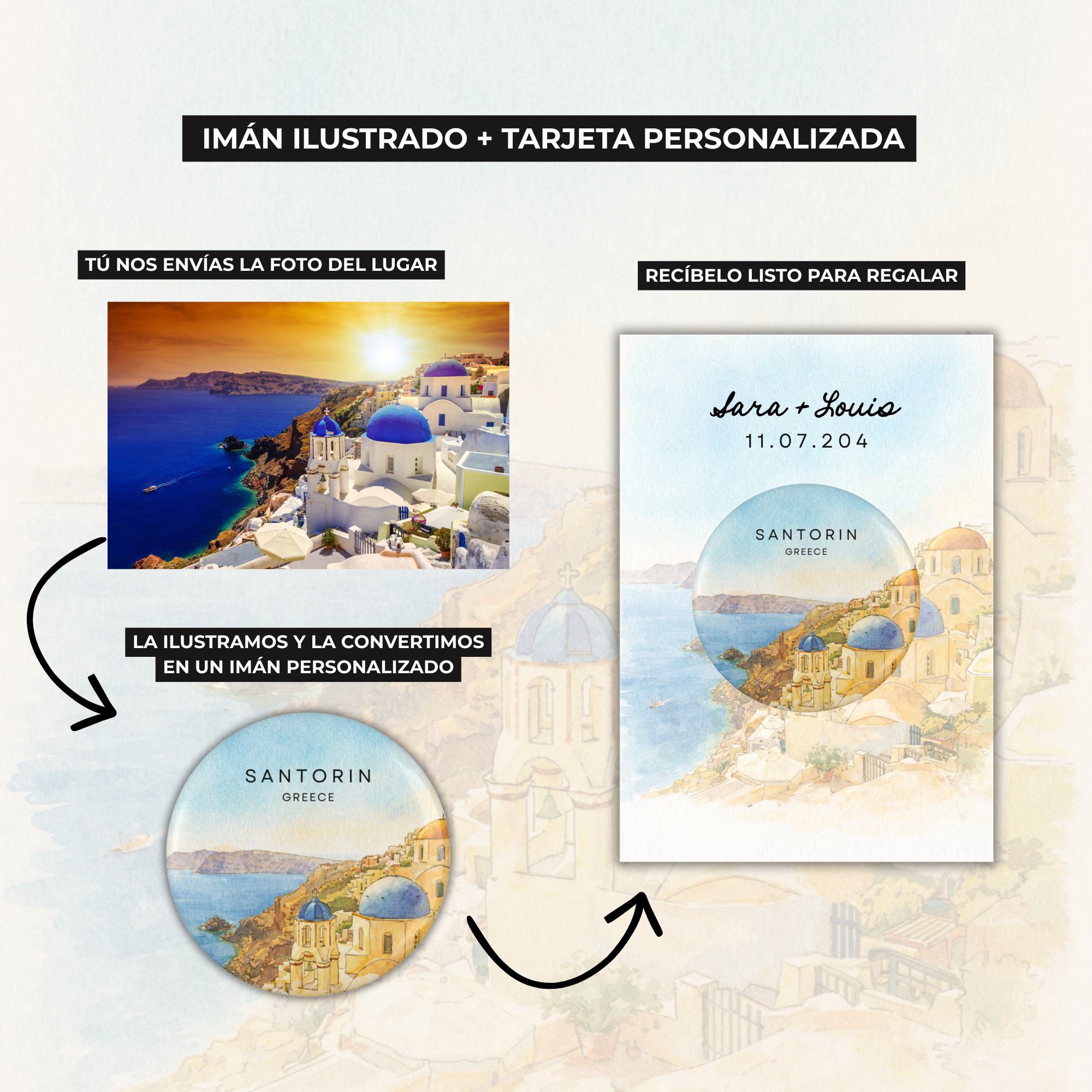 Proceso de personalización de imán con ilustración del lugar de boda - de foto a ilustración