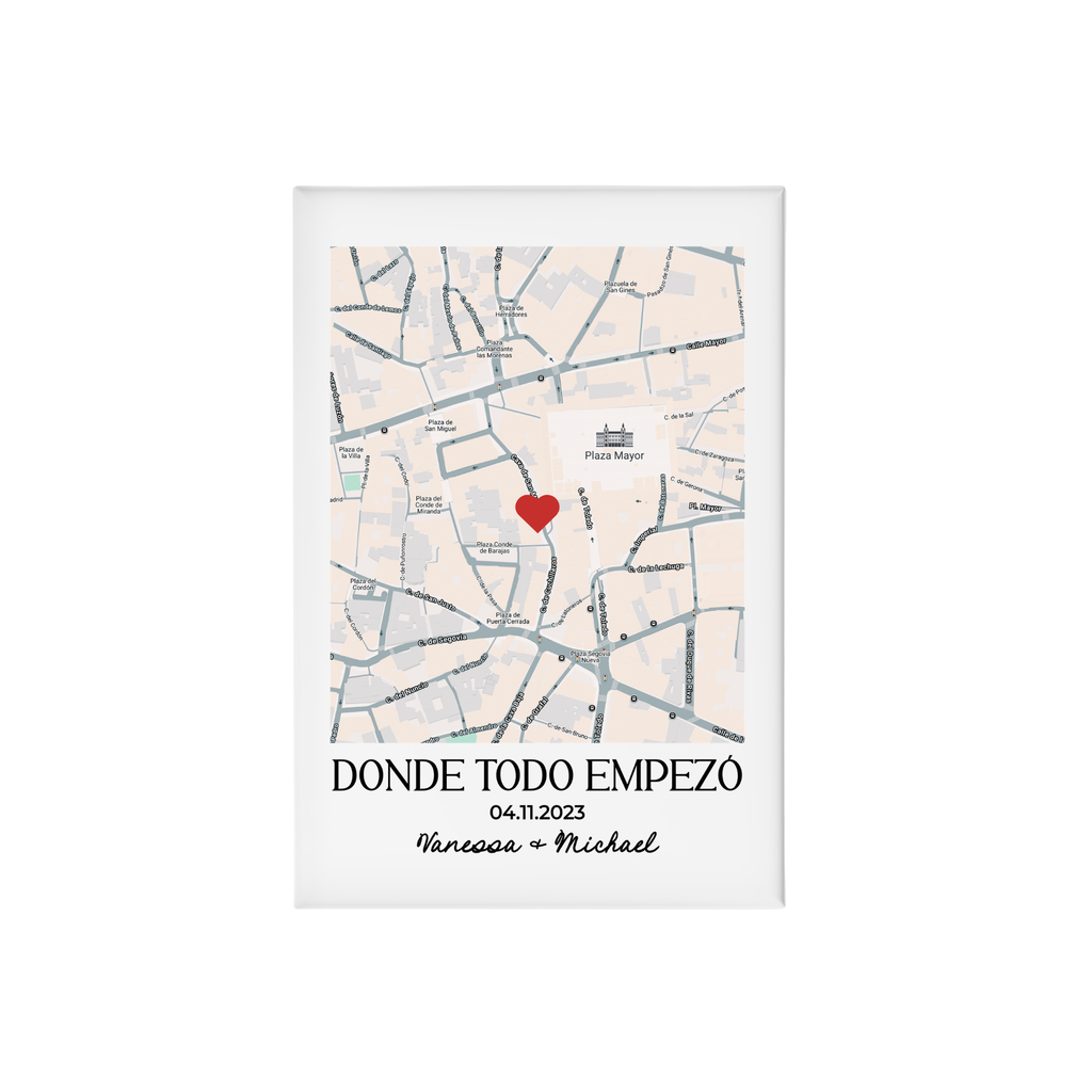 Imán rectangular personalizado con mapa donde todo empezó - nombres y fecha de la pareja