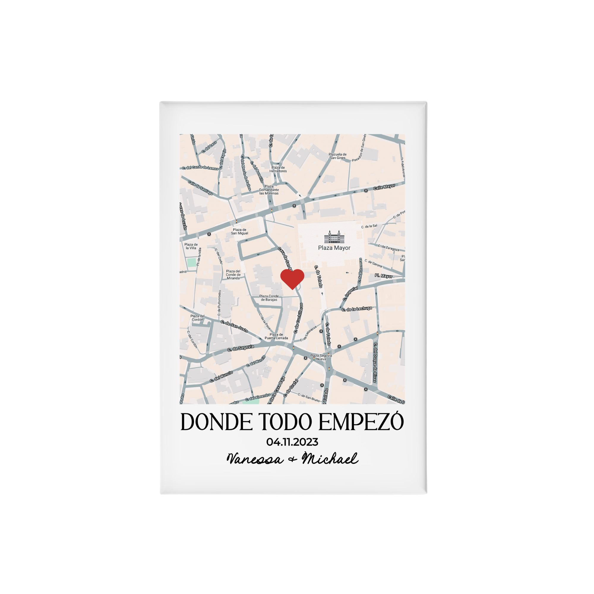 Imán rectangular personalizado con mapa donde todo empezó - nombres y fecha de la pareja