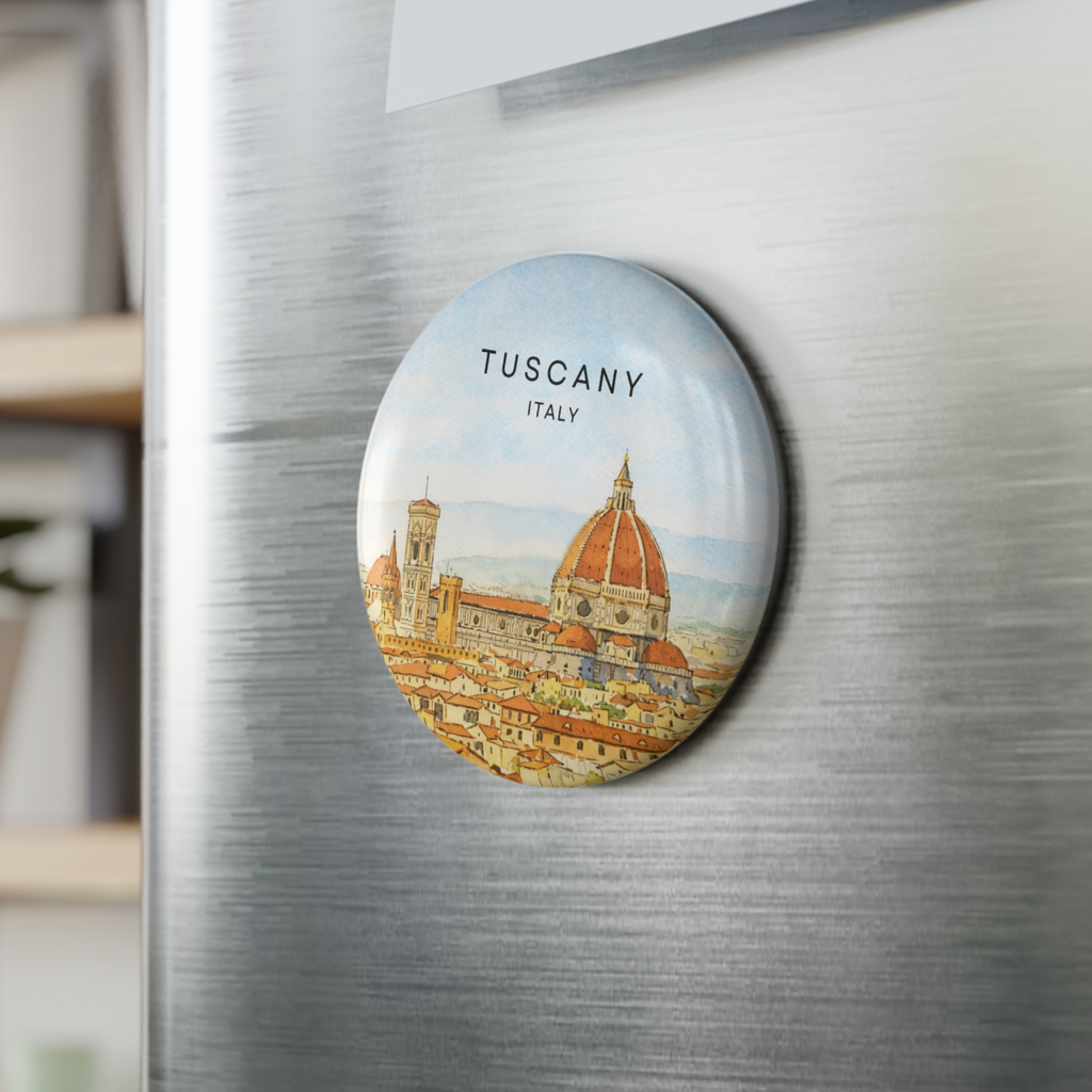 Imán personalizado con ilustración del lugar de boda pegado en nevera - Toscana acuarela