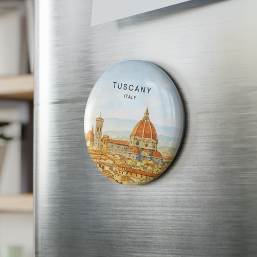 Imán personalizado con ilustración del lugar de boda pegado en nevera - Toscana acuarela