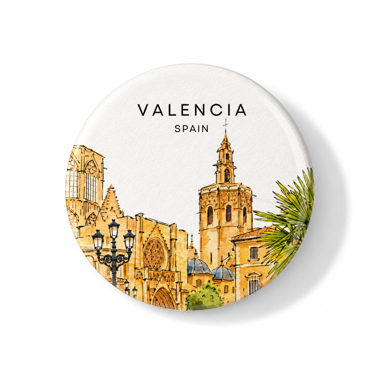 Imán personalizado con ilustración del lugar de boda - catedral de Valencia acuarela