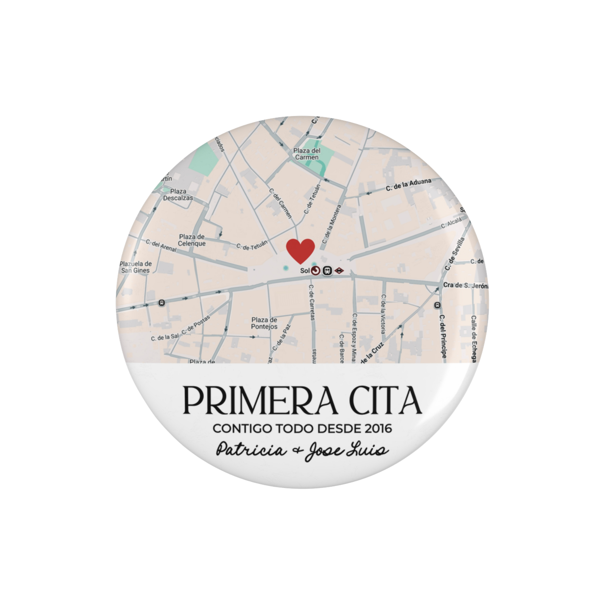 Imán redondo personalizado con mapa primera cita, nombres y fecha grabados