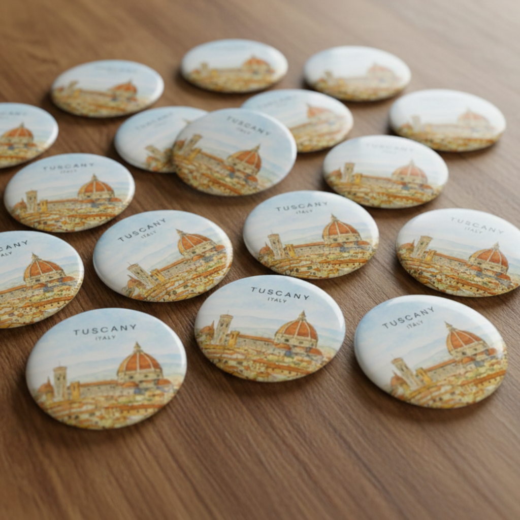 Grupo de imanes redondos personalizados con ilustración del lugar de boda - detalle invitados