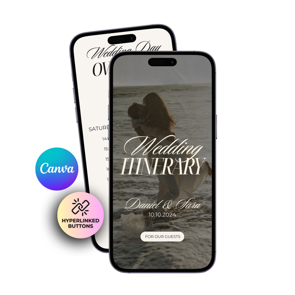 Itinerario digital de boda para invitados personalizable en Canva - programa del día en móvil
