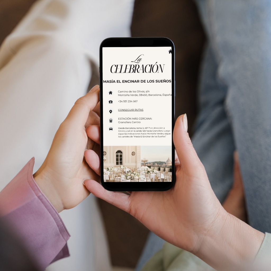 Invitada consultando itinerario digital de boda en móvil - programa personalizado para invitados