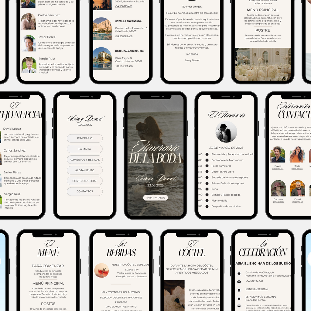 Páginas interiores del itinerario digital de boda para invitados en Canva - programa y detalles