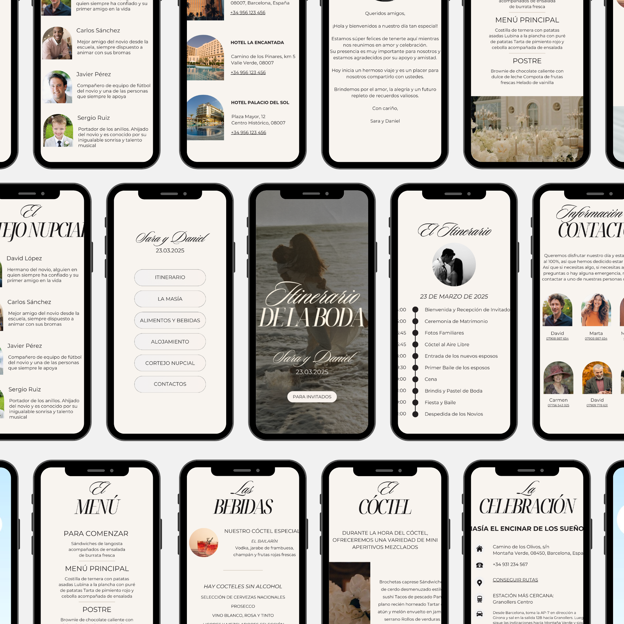 Páginas interiores del itinerario digital de boda para invitados en Canva - programa y detalles