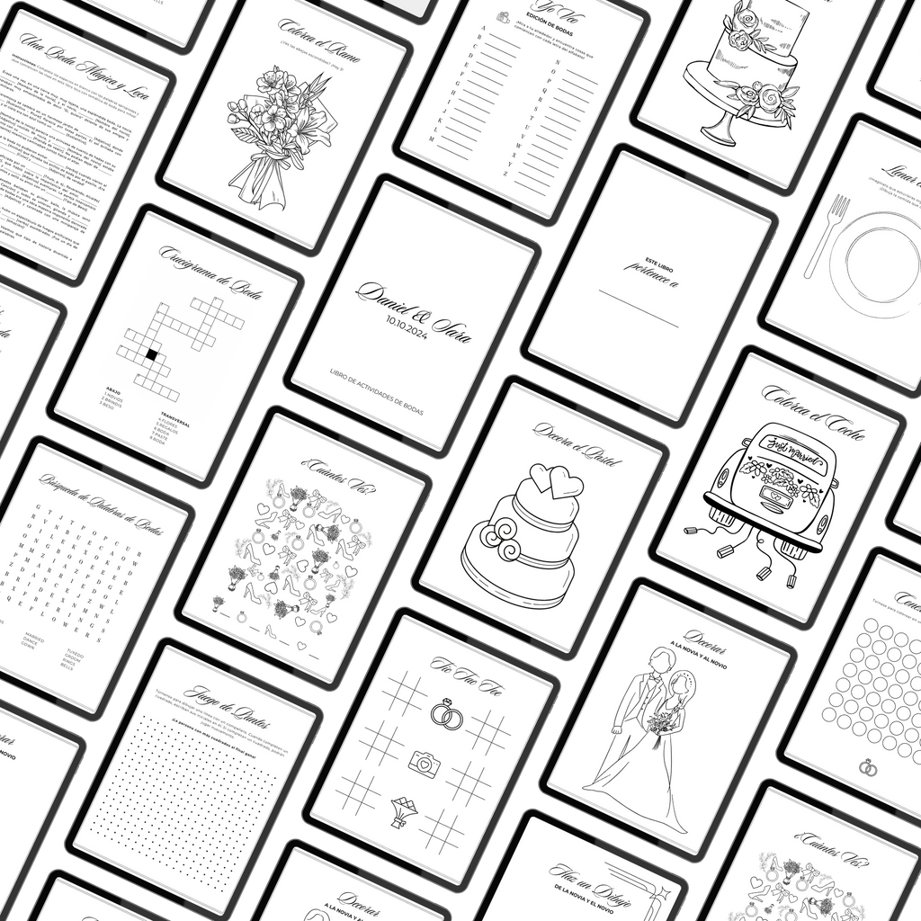 Páginas interiores de libro de actividades para niños en boda - ilustraciones para colorear y juegos