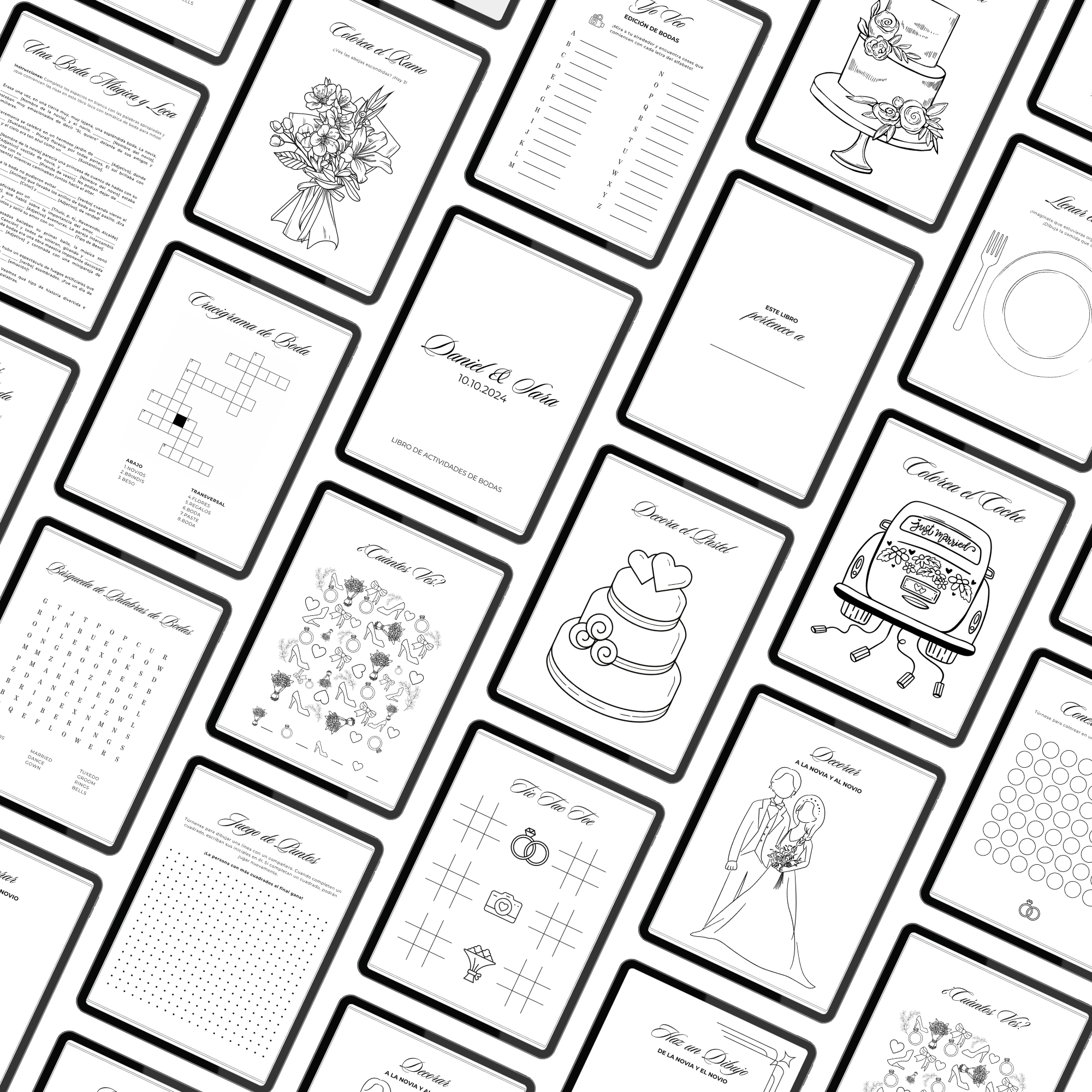 Páginas interiores de libro de actividades para niños en boda - ilustraciones para colorear y juegos