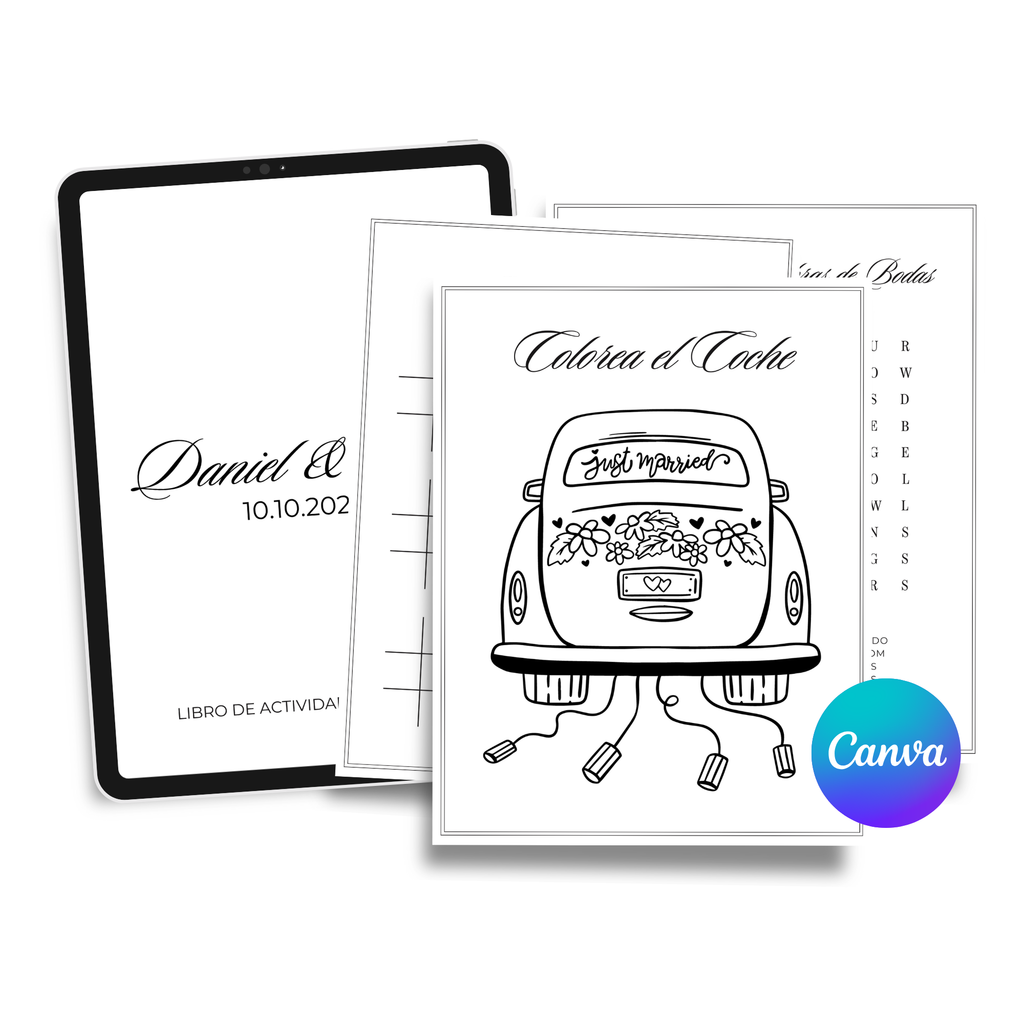 Libro de actividades infantil para boda personalizable en Canva con páginas para colorear y juegos